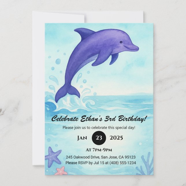 Deep Blue Dolphin with Sea Stars Birthday  Invitation (Front)