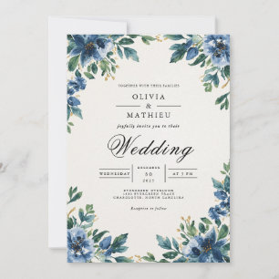 Deep Blue Floral Arch Romance Wedding Invitation