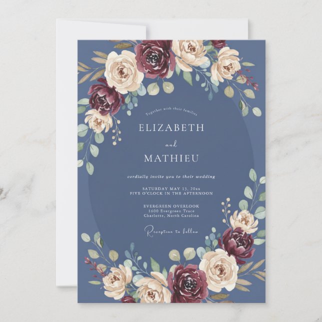 Deep Blue Floral Autumn Wedding Invitation (Front)