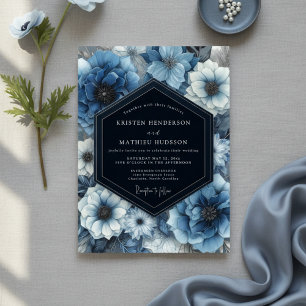 Deep Blue Floral Bloom Wedding Invitation