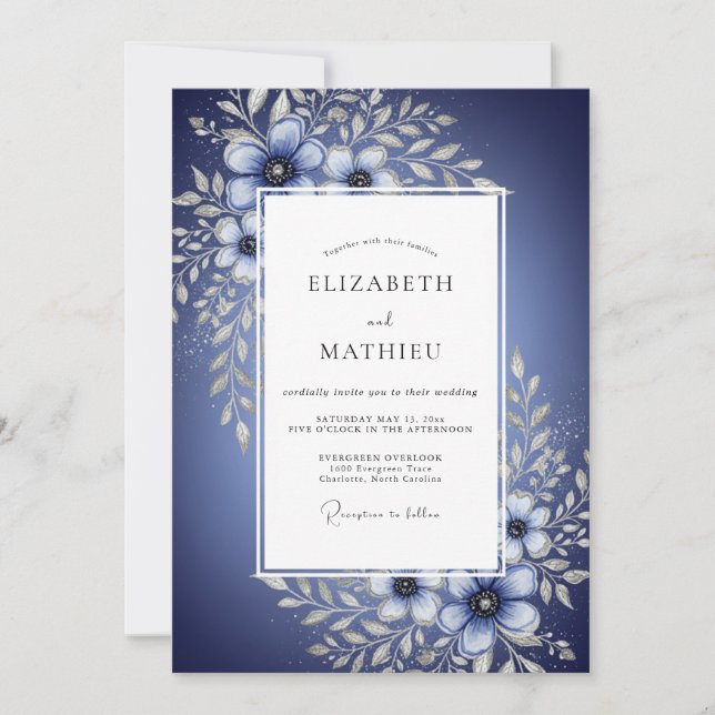 Deep Blue Floral Enchantment Wedding Invitation (Front)
