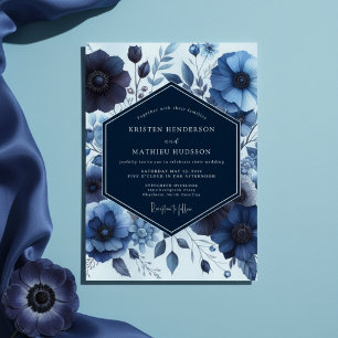 Deep Blue Floral Moody Wedding Invitation