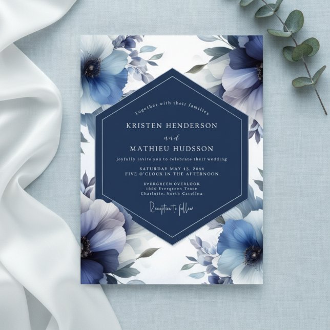 Deep Blue Floral Opulent Wedding Invitation (Creator Uploaded)
