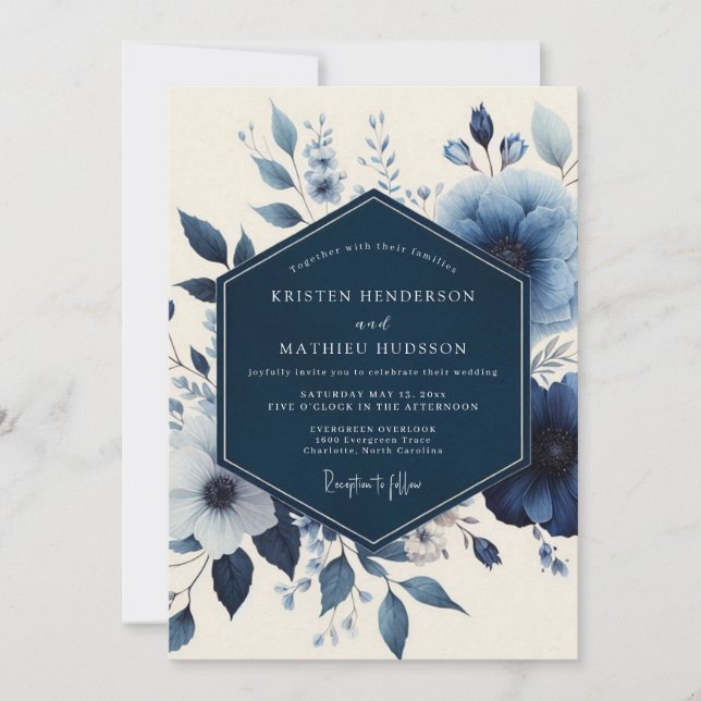 Deep Blue Floral Romance Wedding Invitation (Front)