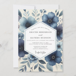 Deep Blue Floral Romantic Wedding Invitation