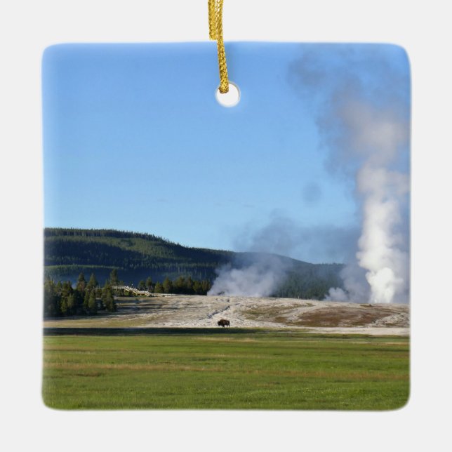 Deep Blue Geyser and Bison at Yellowstone Ceramic Ornament (Front)