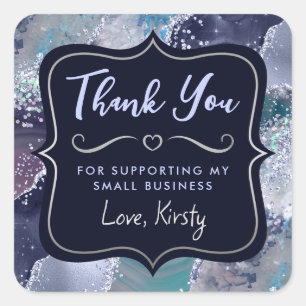 Deep Blue Glitter Agate Small Business Square Sticker