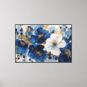 Deep Blue & Gold Floral Painting – Abstract Wall  Canvas Print