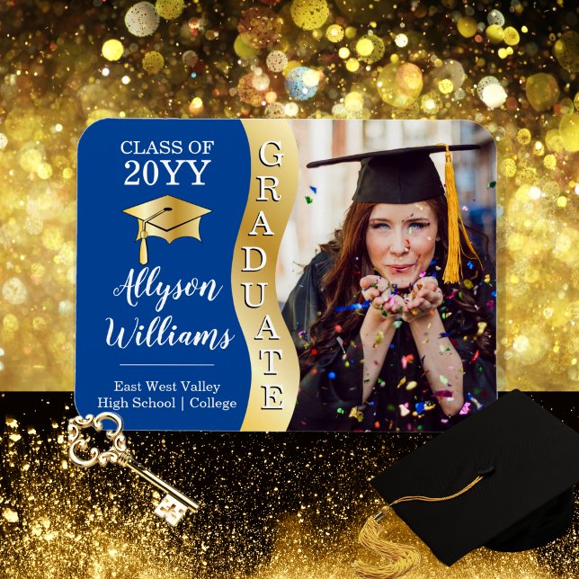 Deep Blue | Gold Graduate Wave Grad Cap Photo Magnet (Deep Blue and Gold Tone "Graduate" Wave | Grad Cap One Photo Graduation Magnetic Announcement )