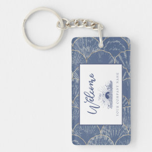 Deep Blue & Gold Watercolor Seashell Custom Keychain