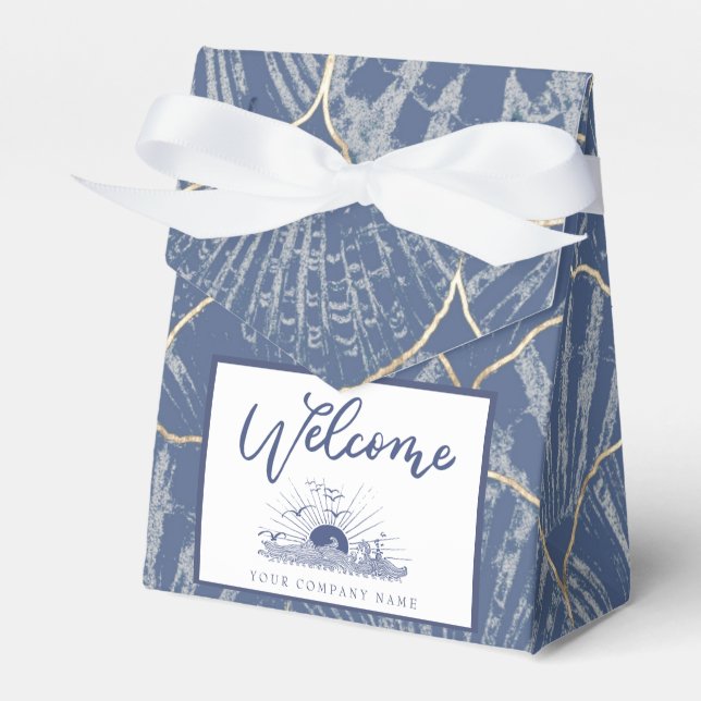 Deep Blue & Gold Watercolor Seashell Ribboned Favor Box (Front Side)