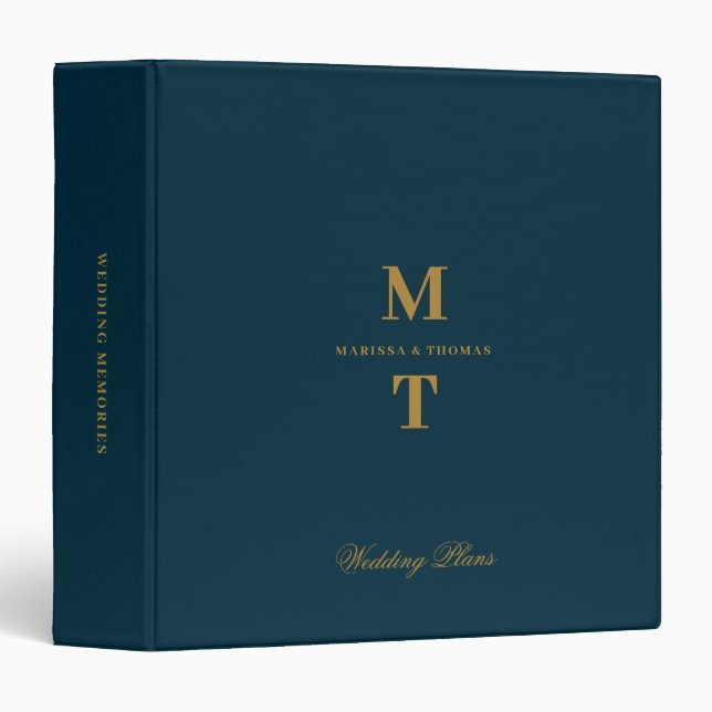 Deep Blue & Gold Wedding Plans Monogram Planners Binder (Front/Spine)