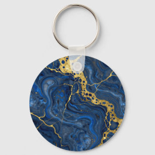 Deep Blue Golden Veins Abstract Keychain