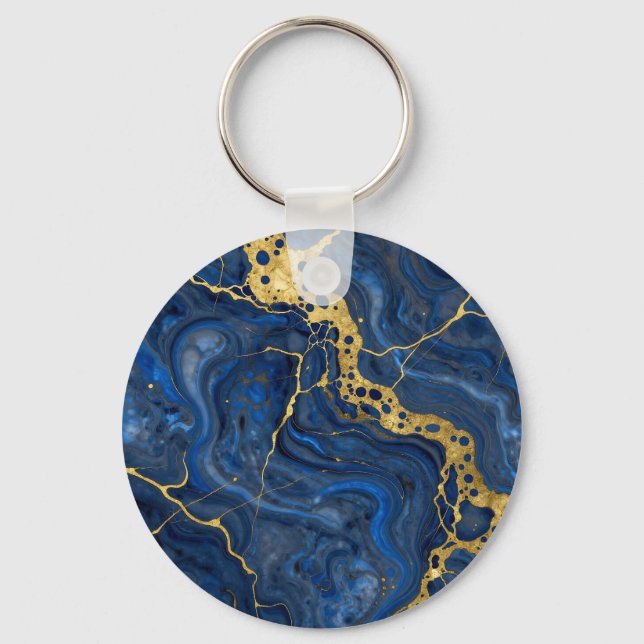 Deep Blue Golden Veins Abstract Keychain (Front)