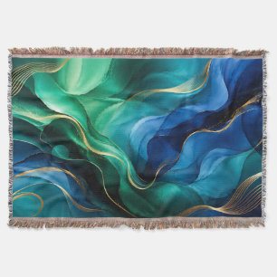 Deep Blue Green Fluid Lines Throw Blanket
