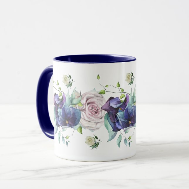 Deep Blue Hydrangea and Roses Mug (Front Left)