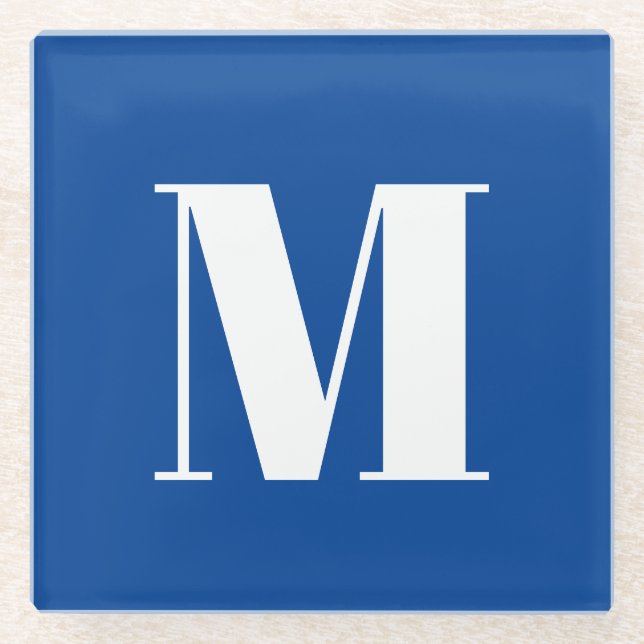 Deep Blue Initial Letter Monogram Modern Stylish Glass Coaster (Front)