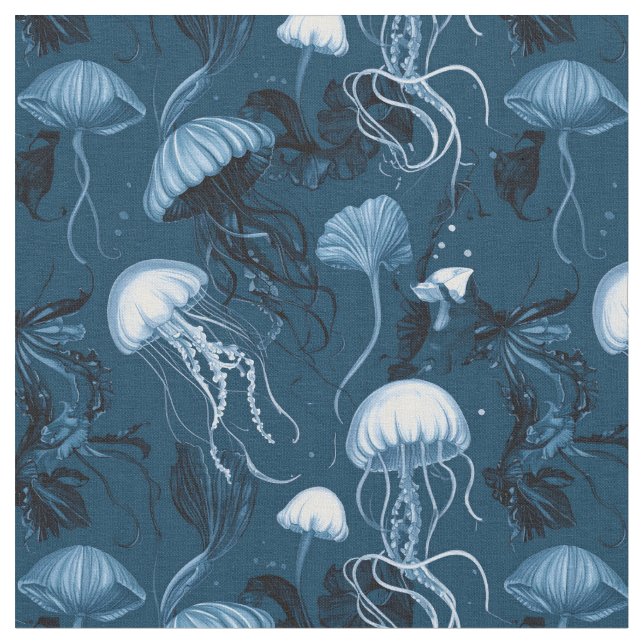 Deep Blue Jellyfish Fabric (Close Up)
