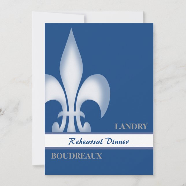 Deep Blue Large Fleur de Lis Rehearsal Dinner Invitation (Front)