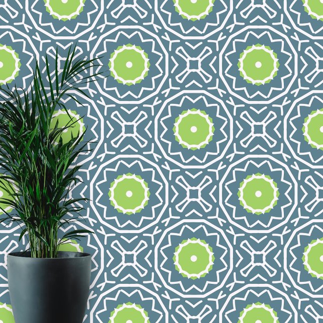 Deep Blue Lime Green White Lattice Moroccan Style Wallpaper (Creator Uploaded)