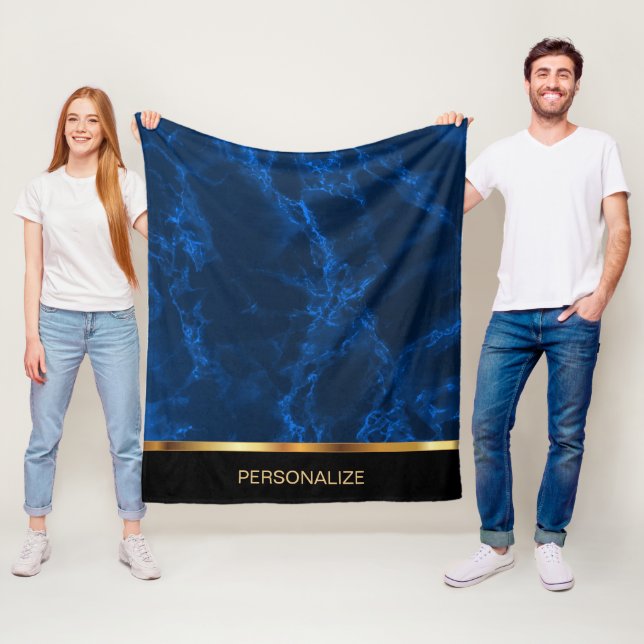 Deep Blue Marble and Gold Fleece Blanket (In Situ)