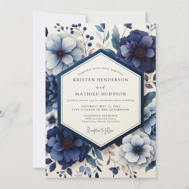 Deep Blue Moody Bloom Wedding Invitation (Front)