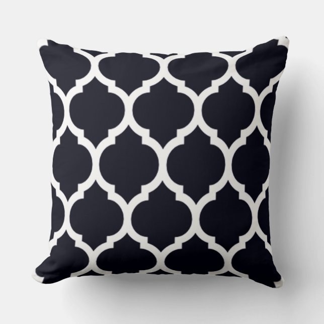 Deep Blue Moroccan lattice Quatrefoil Pattern Throw Pillow (Front)