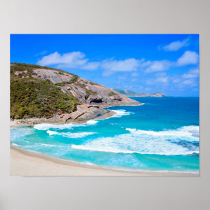 Deep Blue Ocean Gentle Waves Rocks Photograph Poster