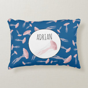 Deep Blue Ocean Jellyfish Pattern Custom Name Accent Pillow