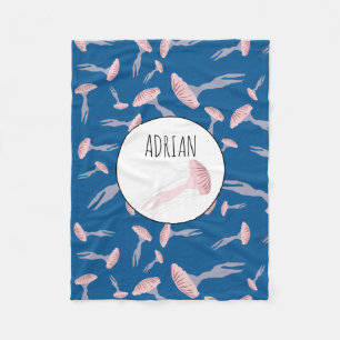 Deep Blue Ocean Jellyfish Pattern Custom Name Fleece Blanket
