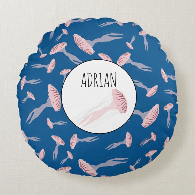 Deep Blue Ocean Jellyfish Pattern Custom Name Round Pillow (Front)