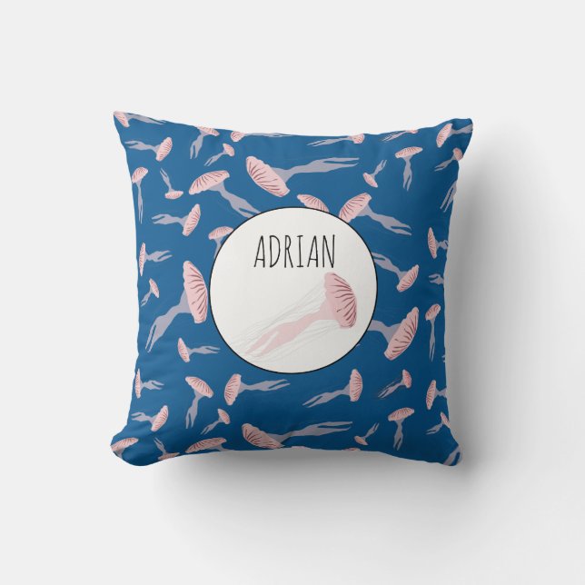 Deep Blue Ocean Jellyfish Pattern Custom Name Throw Pillow (Front)
