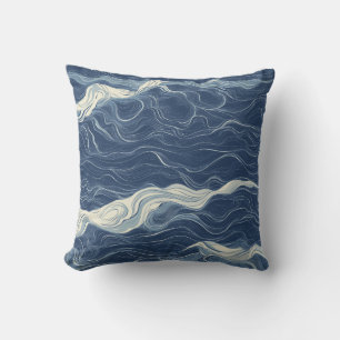 Deep Blue Ocean Line Art Throw Pillow