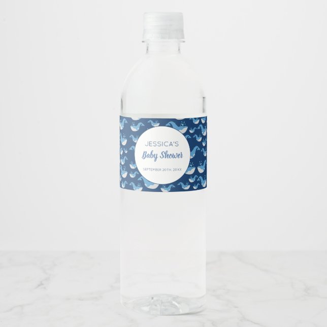 Deep Blue Ocean Whale Baby Boy Baby Shower Water Bottle Label (Front)