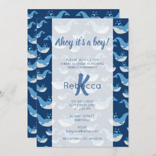 Deep Blue Ocean Whale Pattern Ahoy Boy Baby Shower Invitation