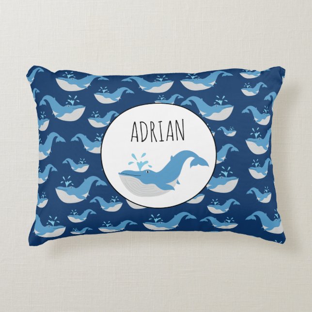 Deep Blue Ocean Whale Pattern Custom Name Accent Pillow (Front)