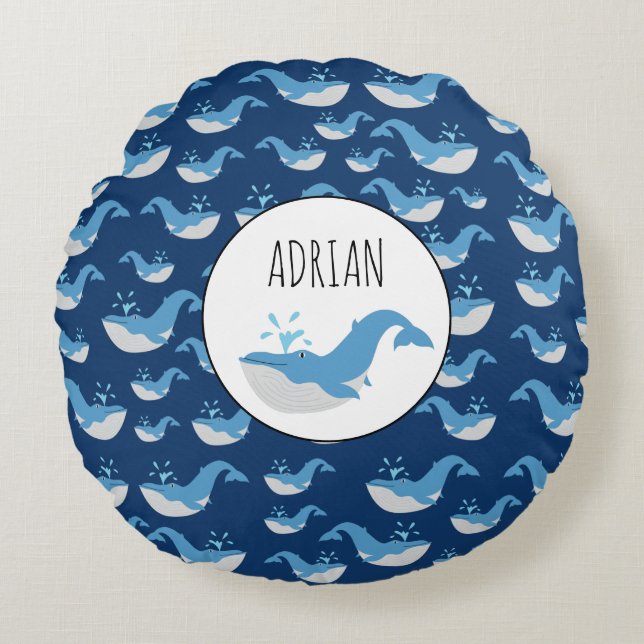 Deep Blue Ocean Whale Pattern Custom Name Round Pillow (Front)
