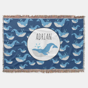 Deep Blue Ocean Whale Pattern Custom Name Throw Blanket