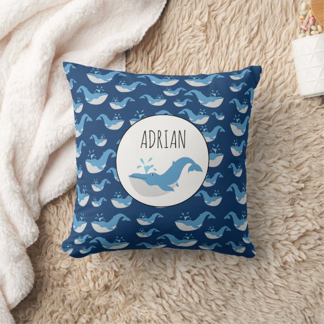 Deep Blue Ocean Whale Pattern Custom Name Throw Pillow (Blanket)