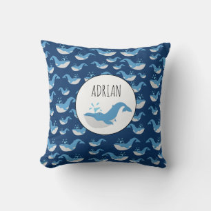 Deep Blue Ocean Whale Pattern Custom Name Throw Pillow