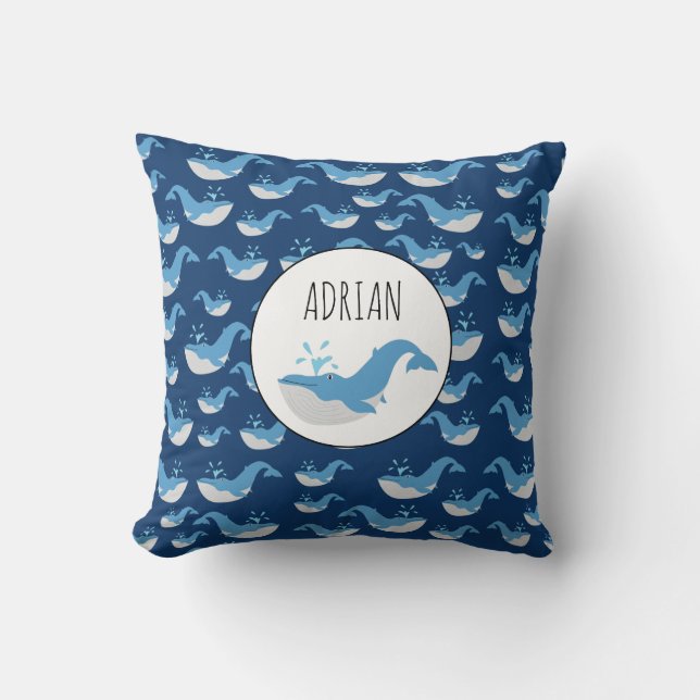 Deep Blue Ocean Whale Pattern Custom Name Throw Pillow (Front)