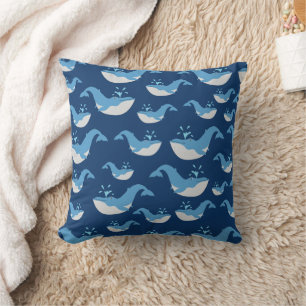 Deep Blue Ocean Whale Pattern Throw Pillow