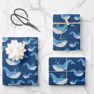 Deep Blue Ocean Whale Pattern Wrapping Paper Sheet
