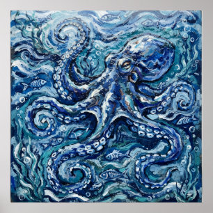 Deep Blue Octopus Fish Wave Art Poster