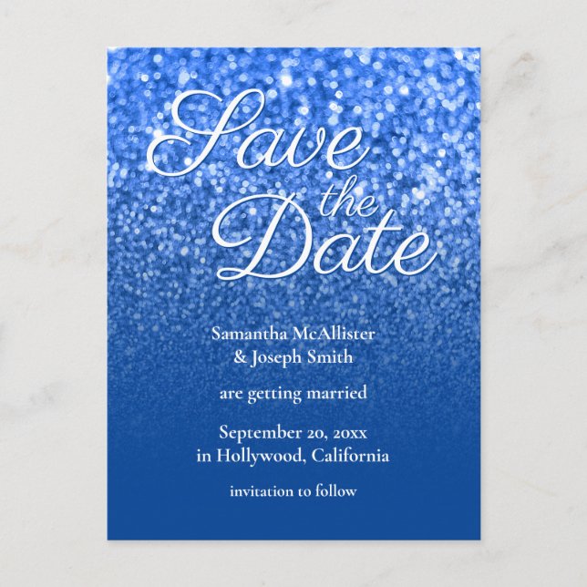 Deep Blue Ombre Bokeh Glitter Save the Date Postcard (Front)