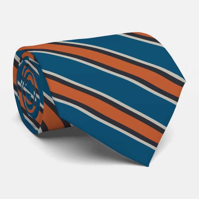 Deep Blue Orange Rust Red Black Grey Stripe Tie (Rolled)
