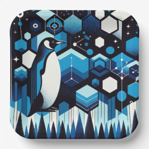 Deep Blue Penguin In Winter Antarctic Sky Pattern Paper Plate