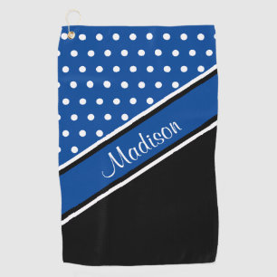 Deep Blue Polka Dot Black Diagonal Script Name Golf Towel