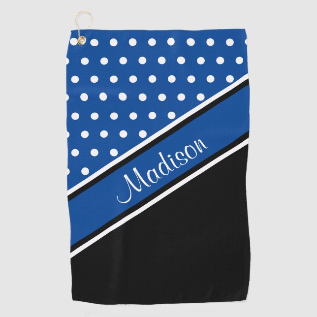 Deep Blue Polka Dot Black Diagonal Script Name Golf Towel (Front)