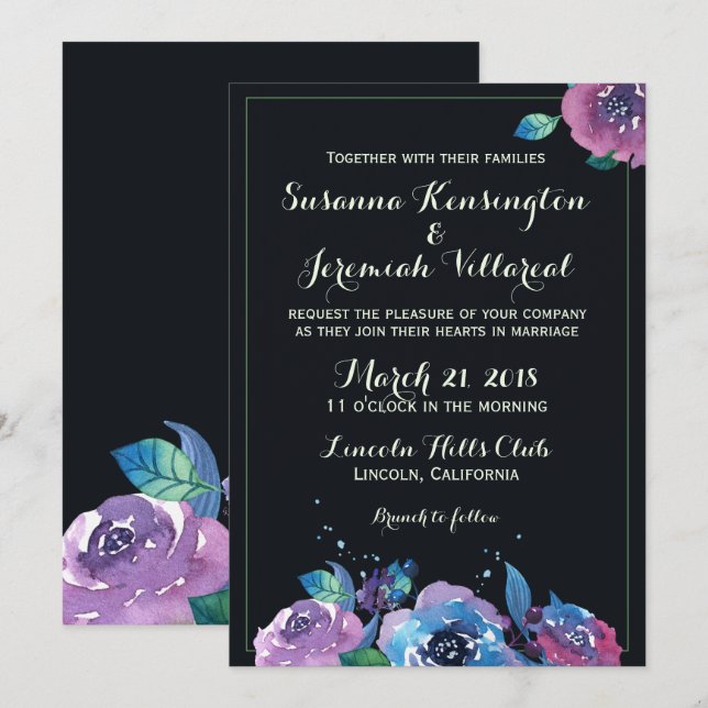 Deep Blue Purple Moody Floral Wedding Invitation (Front/Back)